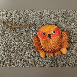 Vintage Hand Made Embossed Genuine Leather Owl Coin Purse Wristlet Wallet Pouch